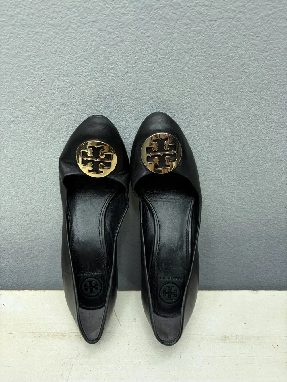 Tory Burch Black Leather Sally Wedge Sandals Size 7.5